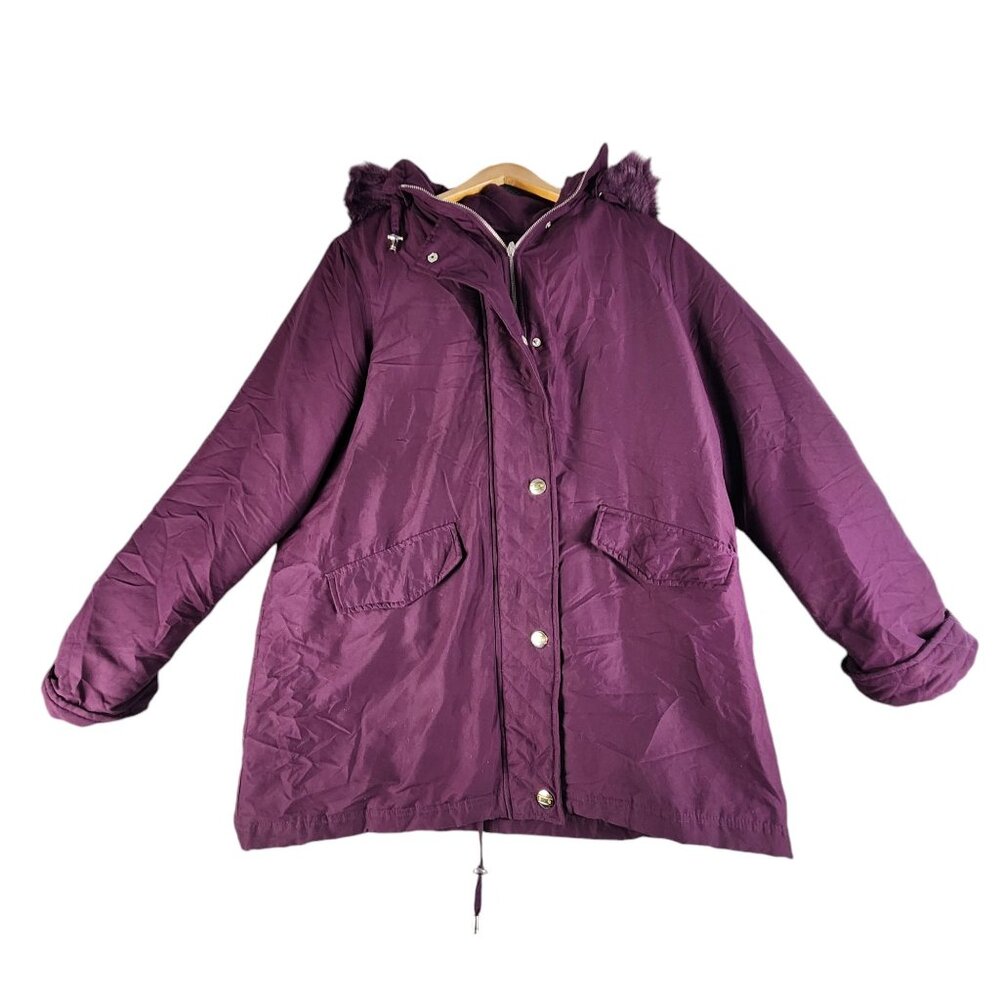 Woman Within Womens Hooded Winter Coat  Purple Faux Fur Trim & Pockets 14/16